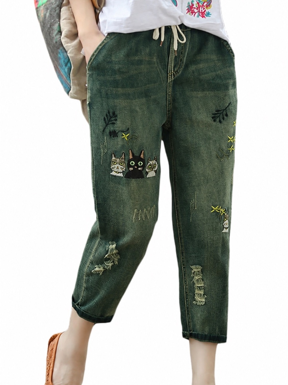 Olive Green Embroidered Distressed Cropped Jeans Drawstring Waist